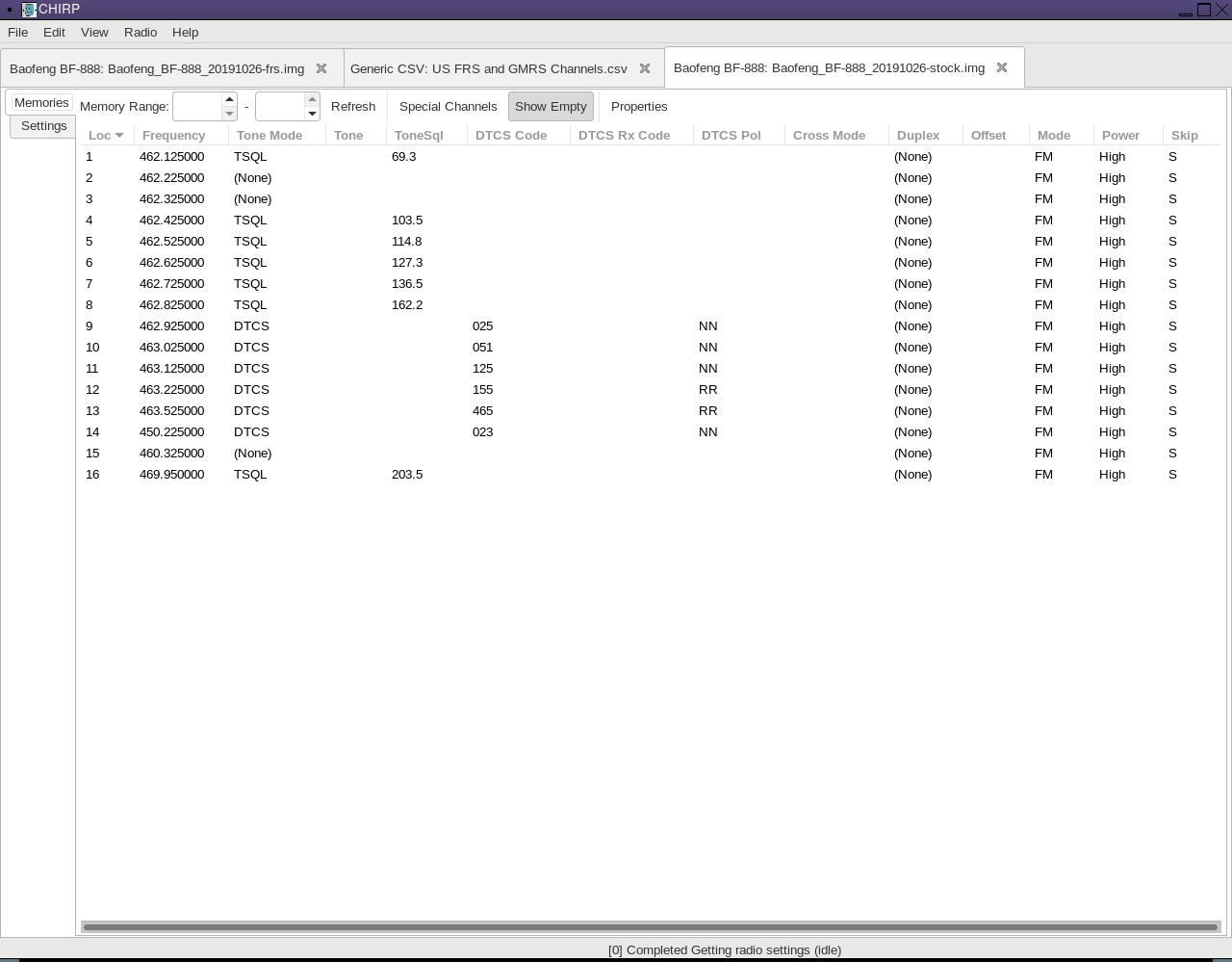 CHIRP screenshot - Stock Configuration